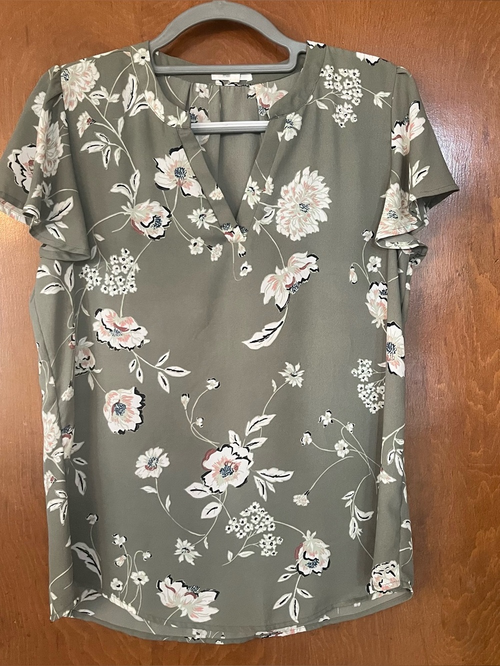 Maurices Olive Green Floral V-Neck Flutter Sleeve Blouse
